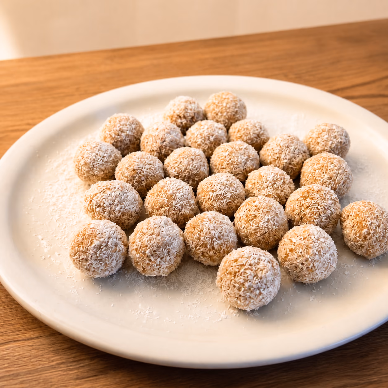 Cocadas caseras redondas cubiertas con coco rallado sobre un plato claro.