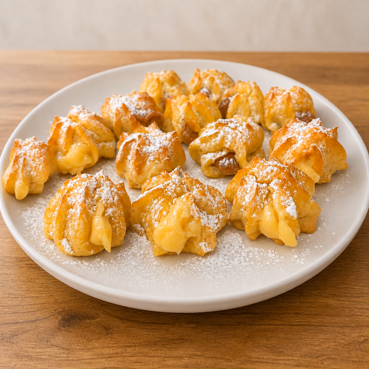 Repollitos caseros rellenos con crema y espolvoreados con azúcar flor sobre un plato claro.